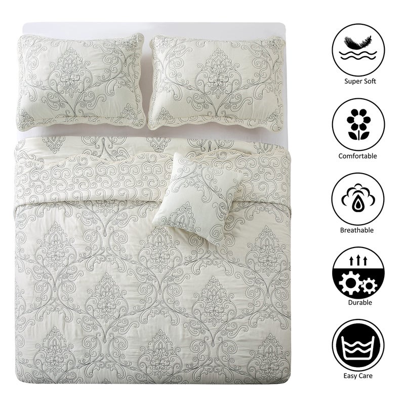 Home Soft Things Damask 4 Piece Bedspread Set, Scalloped Edge Reversible Coverlet Comforter Prewashed Bedding Set, Matelasse Embossed Floral Solid Pattern,Antique White Oversize King(120" x 120") - Image 3